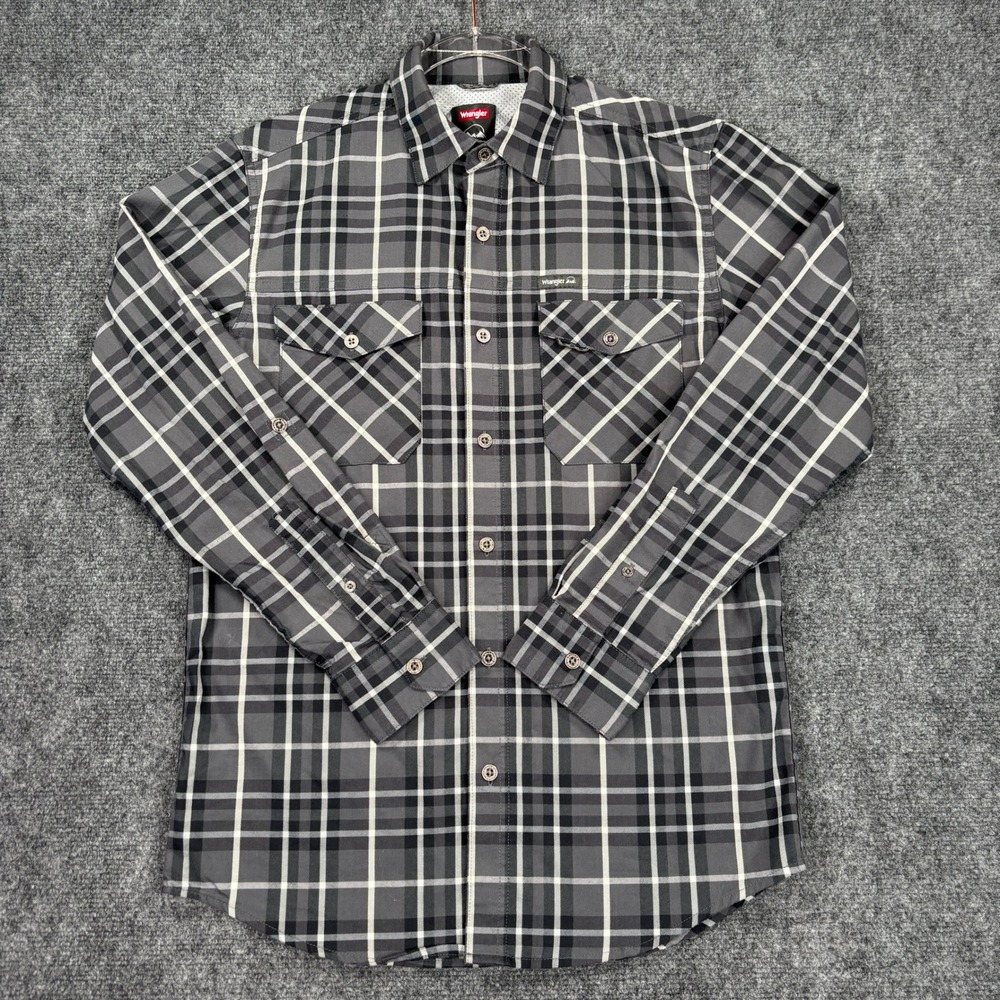 Wrangler Mens Grey Plaid Outdoor Roll Tab Long Sleeve Button Down Shirt Small